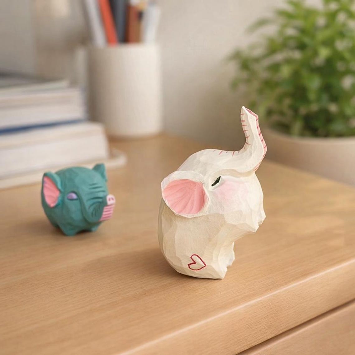 Wooden Elephant Figurines Desk Decor, Small Animal Tabletop Display